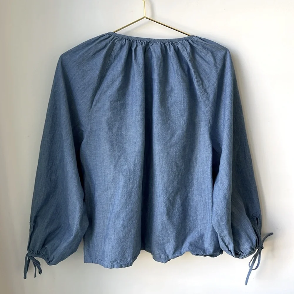 J. Crew Tie Sleeve Button Front Chambray Top with Tie Neck Detail Cotton Size L